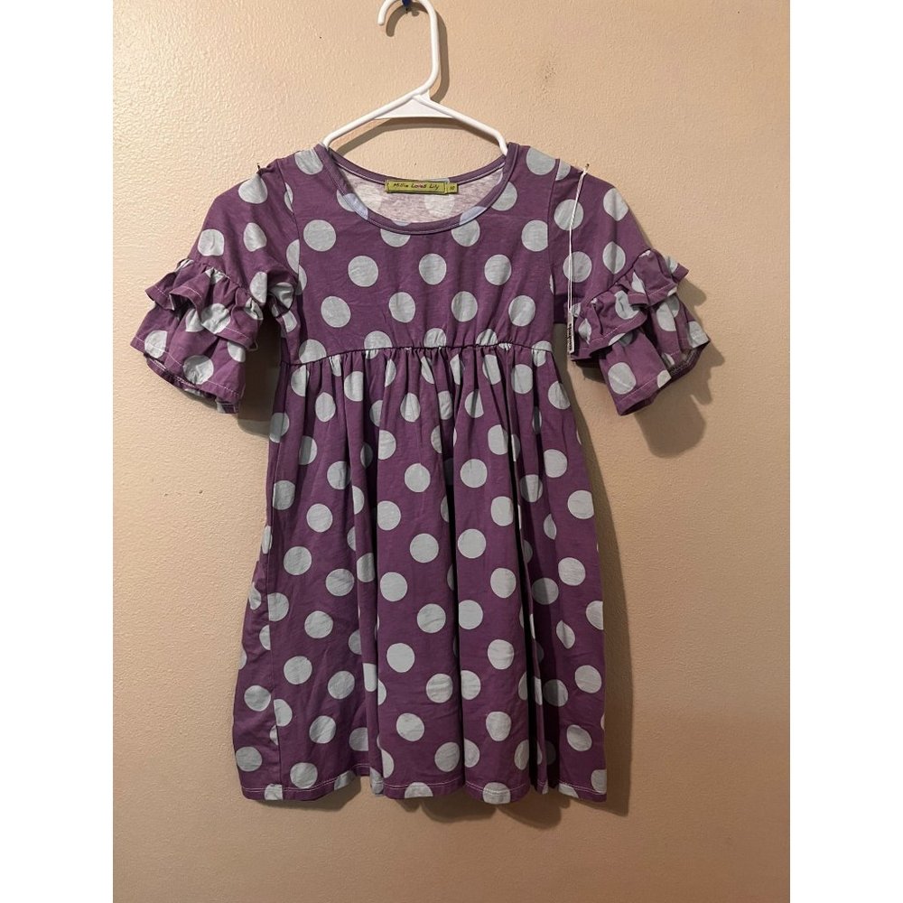 Girls Purple Polka Dot Ruffle Sleeve Dress